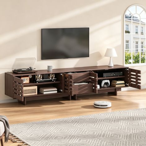 Meuble TV moderne, support bas pour téléviseurs jusqu'à 80 pouces, 4 portes battantes, 2 tiroirs, 6 compartiments de rangement, idéal pour le salon ou la chambre, couleur noyer, 200 x 39,5 x 55 cm (1/4)