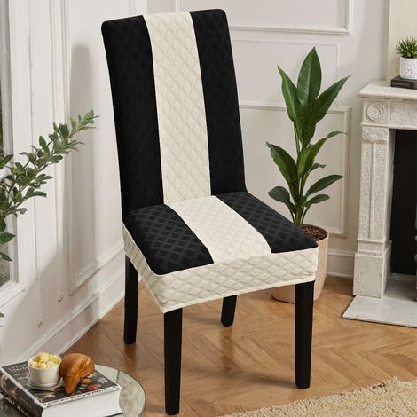 2 Housses de Chaise extensibles Taille M, matelassées diamant bicolore, polyester lavable amovible, maison hôtel banquet, Beige-Noir (1/5)