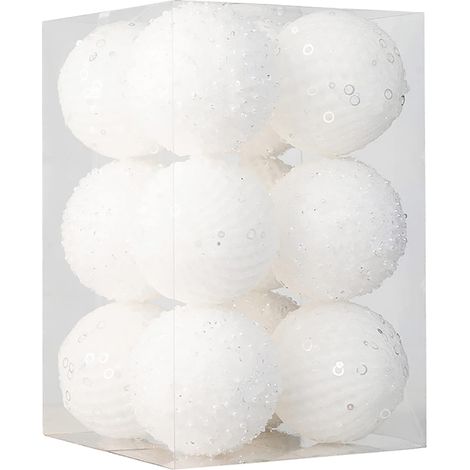 Set mit 12 leichten und kreativen dekorativen Schaumstoff-Weihnachtskugeln für den Weihnachtsbaum, ideal für Hochzeiten, Zuhause und Geschäfte (weiß). (1/5)
