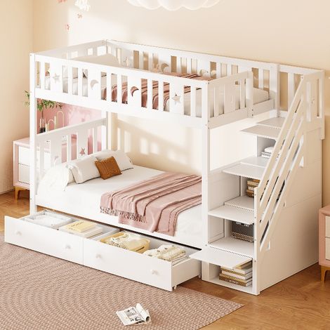 Multifunktionales Etagenbett 90x200 cm mit Stauraumtreppe und 2 Schubladen, Kinderbett aus Kiefer Massivholz mit Lattenrost und Rausfallschutz, Weiß (1/5)