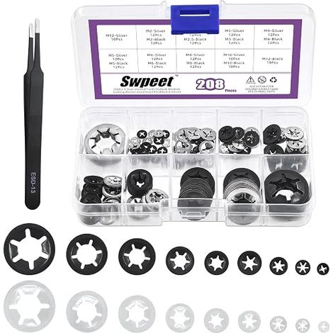 304 Stainless Steel Inner Tooth Safety Washers Sizes with Tweezers Kit, M2 M2.5 M3 M4 M5 M6 M8 M10 M12 Push On Spring Safety Nuts Clips (1/5)