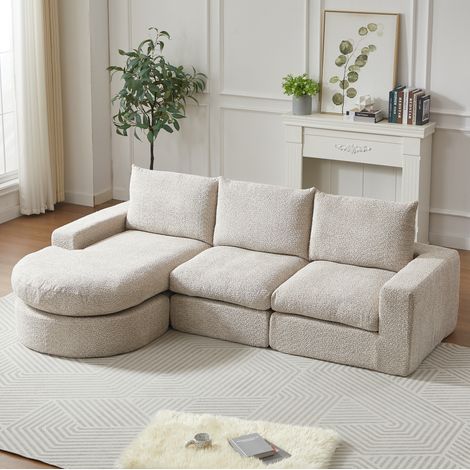 Divano modulare beige in ciniglia con chaise longue reversibile e cuscini ergonomici (1/5)