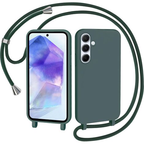 Coque pour Samsung Galaxy A55 5G avec Cordon, Collier Étui Silicone Liquide avec Tour de Cou Lanière en Corde Souple TPU Antichoc Housse - Vert foncé (1/5)