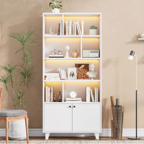Librería 80x30x173 cm de madera y MDF blanco con almacenaje para salón FloraGrace (1/5)