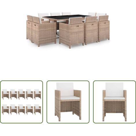 vidaXL Gartenstuhl -  11-tlg. Garten-Essgruppe mit Auflagen Poly Rattan Beige (1/5)