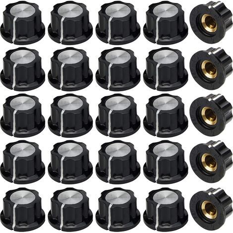 Lot de 25 Boutons de Controle de Potentiometre, Bouton de Potentiomètre 6mm, Noir Insert Boutons de Contrôle du Volume Ou Tone pour Guitare Électrique Remplacement Pièces