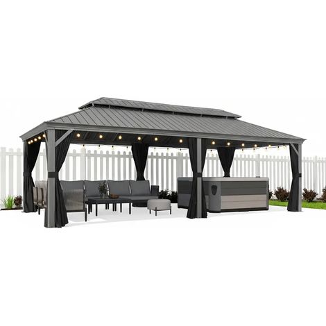PURPLE LEAF 7,32 x 3,65 m tonnelle de jardin, pergola aluminium extérieure avec moustiquaire et rideaux, hardtop pavillon double toit en acier galvanisé avec guirlande LED, gris clair (1/2)