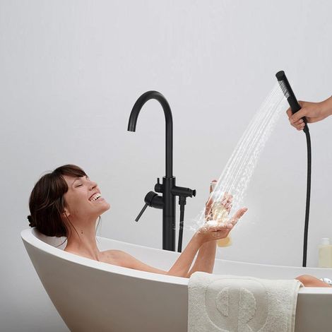 Freistehende Standarmatur, Standarmatur Freistehend für Badewanne Wannenarmatur stehend Handbrause Messing, für Einzelpersonen, Häuser, Duschen, Hotels, Schwarz (1/5)