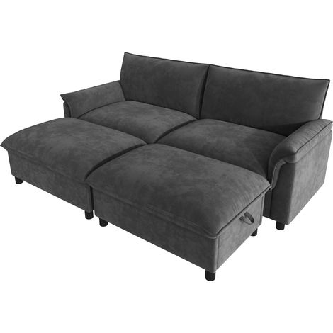 Sofá modular de chenilla negro de 4 plazas con 2 otomanas móviles 216 x 77 x 82 cm (1/5)