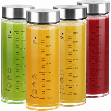 Lot de 4 bouteilles d'eau en verre de 473,6 g – Bouteille d'eau en verre à large goulot avec couvercles – Pour jus, protéines, smoothie, lait, réutilisable, sans BPA, couvercles en acier (1/5)