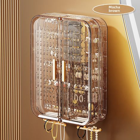 Transparente, wandmontierte Schmuckaufbewahrungsbox aus Kunststoff, ideal zur Aufbewahrung von Ohrringen und Halsketten im Schlafzimmer. Hochwertige Schmuckaufbewahrungsbox (mokkabraun). (1/5)