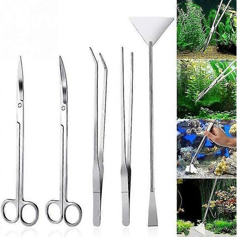Cet ensemble d'outils pour aquarium en acier inoxydable comprend une pince, des ciseaux et une pelle, adaptés à l'entretien des plantes aquatiques et à l'aménagement paysager de l'aquarium. (1/5)