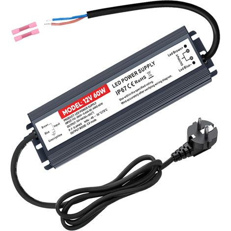 Transformateur LED 60 W 12 V bloc d'alimentation 5 A étanche IP67 driver LED 12 V Transformateur LED 230 V vers 12 V avec prise européenne, pour l'intérieur et l'extérieur (1/5)