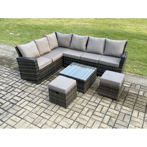 Fimous 8 Seater Outdoor Furniture Garden Dining Set Rattan Corner Sofa Set with Square Coffee Table 2 Small Footstools Dark Grey Mixed (1/5)