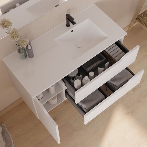 Meuble sous vasque seul, 2 tiroirs et 1 porte, 120cm pour vasque déportée droite - roble (bois clair) - ZARZA (1/4)