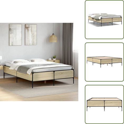 Bettgestell Sonoma-Eiche 140x200 cm Holzwerkstoff und Metall - Bettes Gestell - Doppelbett - Lattenrost - Holzrahmen - Bettrahmen (1/5)