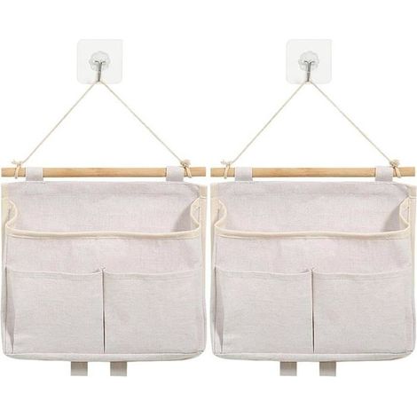 2 Sacs Rangement Suspendus Pliables Beige - Organisateur Mural avec Poche et Crochets - Chambre/Salle de Bain/Bureau/Cuisine (1/5)