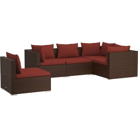 Salon de jardin 5 pcs Mobilier de jardin avec coussins résine tressée marron (1/5)