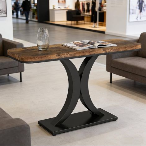 Consolle stile industriale, piano spesso curvo, base geometrica in metallo, legno e metallo, nero e marrone rustico (1/5)