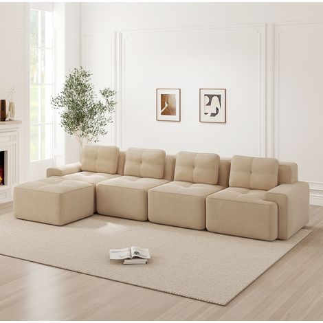 Sofá esquinero modular de 4 plazas en pana beige, con chaise longue, sin montaje (1/5)
