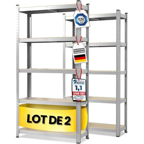 Floordirekt – Lot de 2 rayonnages pour charges lourdes 150 x 75 x 30 cm – Tôle d’acier galvanisé – Charge max 875 kg – 5 étagères par rayonnage (1/5)