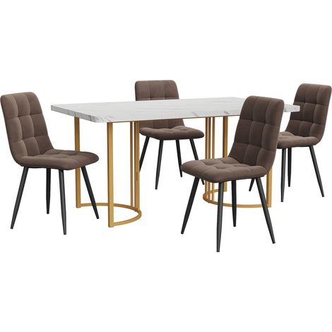 Ensemble salle à manger 5 pièces avec table 140x80 cm MDF blanc motif marbre et 4 fauteuils en velours marron (1/5)