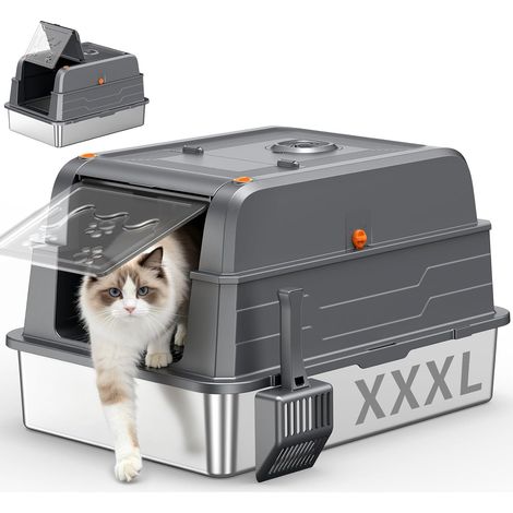 XXXL Stainless Steel Litter Tray with Lid – Large Closed Tray, Dark Grey (1/5)