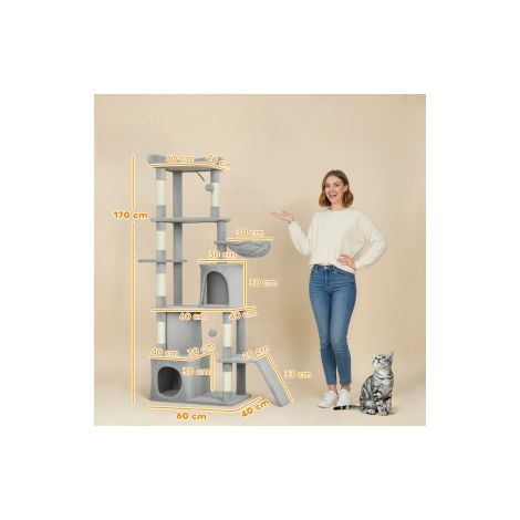 Arbre à chat gris clair de 170 cm en sisal avec tunnel, niches et grande base stable pour salon, chambre et espace intérieur (1/5)