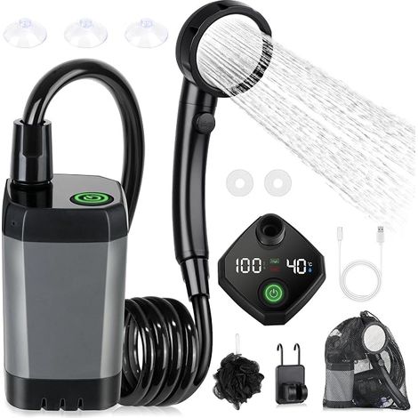 1 Douche portable, rechargeable 6000 mAh, écran LED, 4 modes de jet, étanche IPX7, pour camping, randonnée, voiture, animaux