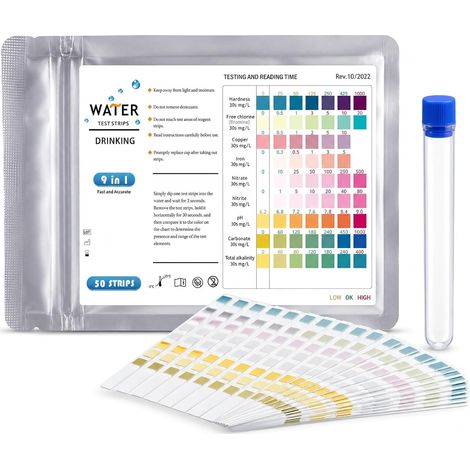 50 x 9 in 1 Pool and Spa Test Strips, pH Test Strips, Chlorine Nitrite Water Hardness, Suitable for Drinking Water Aquarium, Comes with 1 Free Test Tube (1/5)
