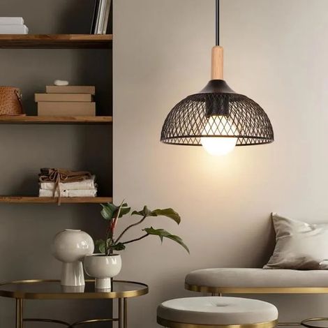Lustre Suspension - - Vintage - Bois et Métal - E27 - 60W - Noir (1/5)