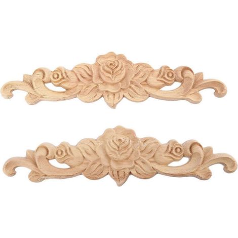 Lot de 2 appliques décoratives en bois sculpté (20 x 5 cm), style européen, représentant une rose, non peinte, pour porte ou intérieur. (1/5)