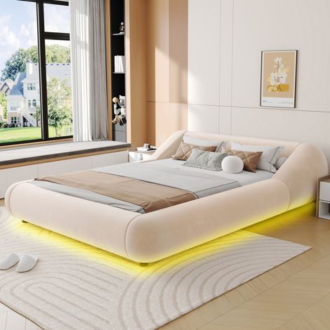 Letto imbottito 140/200 cm beige in velluto con LED e design sospeso (1/5)