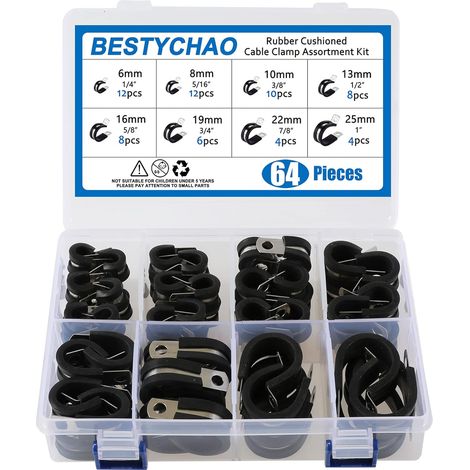 64pcs Colliers de serrage en caoutchouc, 304 Collier de serrage doublé en acier inoxydable p clips tuyau pinces 8 tailles (1/5)