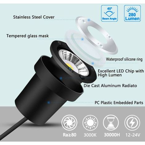 4-LED-Einbaustrahler, 5-W-Einbau-Stehleuchte für den Außenbereich, rostfrei, Tragkraft bis zu 800 kg, 12–24 V DC, rund, weißer Edelstahl (warmweiß) (1/5)
