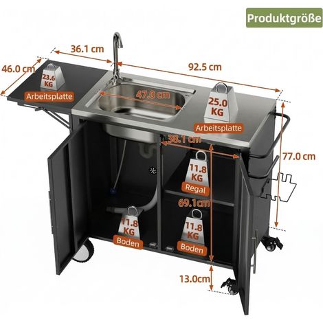 Table barbecue avec évier, îlot central avec plan rabattable et meuble de stockage en acier, chariot grill sur roues pour extérieur, terrasse et jardin (1/5)