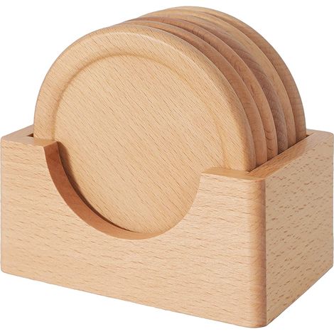 Juego de 6 posavasos de madera con soporte y diseño de ranura redonda (9,1 cm) (1/5)