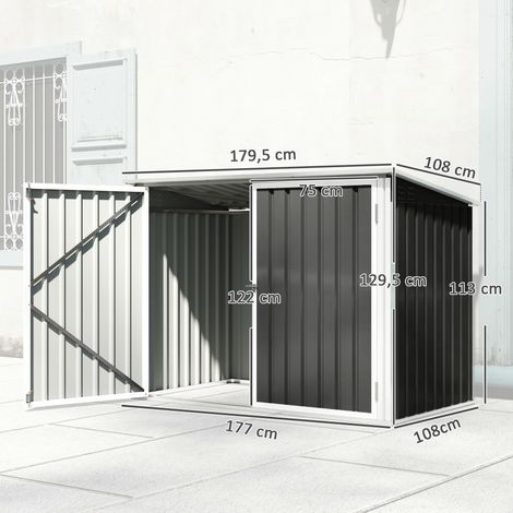 Meuble de rangement pour 2 poubelles en acier galvanisé. Ce meuble est équipé d'un couvercle à charnières, d'un vérin à gaz, d'une double porte et d'orifices de ventilation. (1/5)