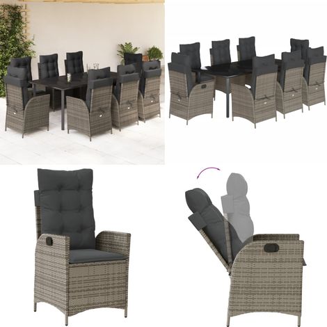 Set da Pranzo da Giardino 9 pz con Cuscini in Polyrattan Grigio - Sedie da giardino reclinabili - Tavolo da giardino