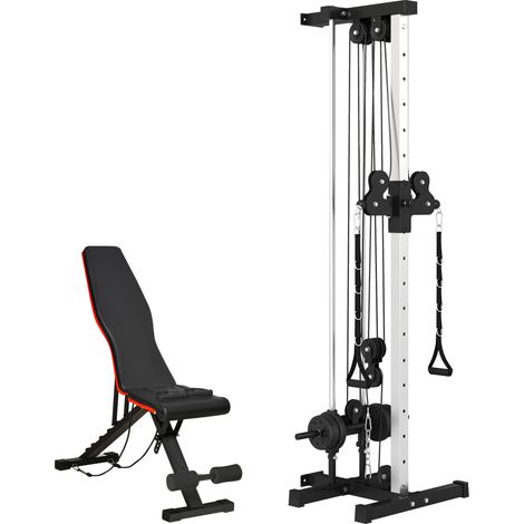 Station à double poulie avec banc de musculation - SPORTNOW - réglable à 15 positions - acier - 62x60x200cm - noir (1/5)