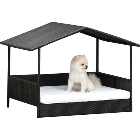 Lit d'extérieur en rotin avec auvent, surélevé pour chiens de petite et moyenne taille, rafraîchissant et doté d'une structure en métal et d'un coussin d'extérieur, 69 x 98 x 70 cm, couleur marron caf (1/3)