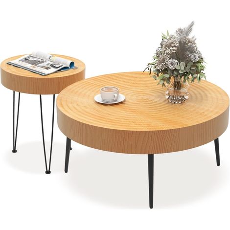 Set of 2 Round Nesting Coffee Table Solid Wood Accent Stacking Boho Side Tables (1/5)