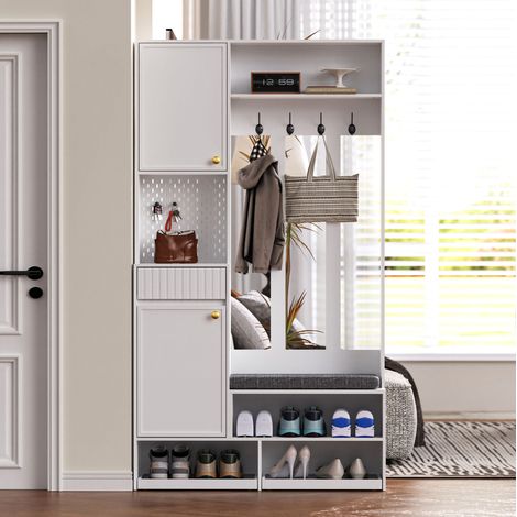 Garderobenmöbel mit Bank, 4 Haken, Schrank und Schublade, Weiß, HAVRYA (1/5)