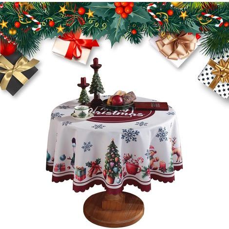 Nappe de Noël en polyester lavable 150 cm – Styles ronds et rectangulaires – Motifs festifs pour décorations de table (1/5)