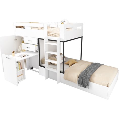 Lit superposé enfant MDF blanc et noir 90x200 cm avec bureau coulissant, armoire, tiroirs, étagères, sommier inclus (1/5)