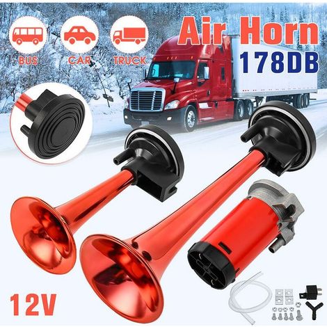 Compresseur de trompette de klaxon à air super fort 12V 178dB pour train de bateau de camion de voiture (rouge, Kit de trompette de klaxon à air) (1/2)