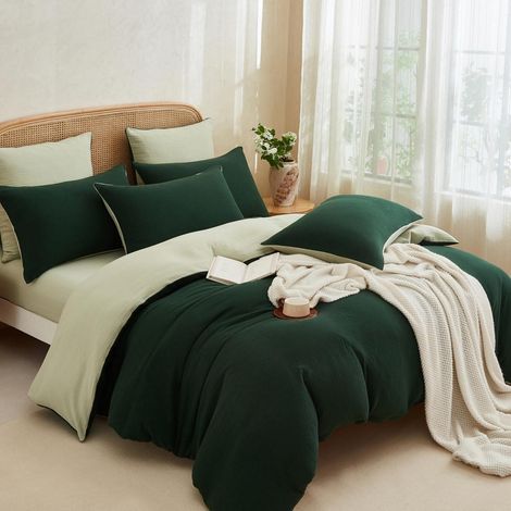 Bettwäsche-Set 155x220 cm Baumwolle Dunkelgrün Hellgrün Kühlend Atmungsaktiv Wendbar