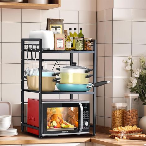 Support Extensible pour Micro-Ondes, Étagère de Cuisine à 3 Niveau, Support de Micro-Ondes en Acier au Carbone, Organisateur de Rangement pour Cuisine/Salle à Manger avec 8 Crochets, Noir (1/5)