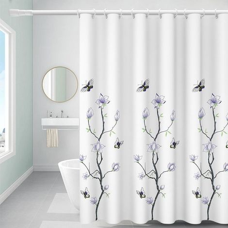 Rideau de douche hydrofuge anti-moisissure en polyester lavable avec crochets Motif fleurs et papillons Ourlet lesté 180 x 200 cm (1/5)