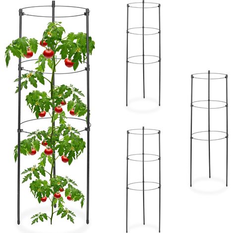 Relaxdays Garden Trellis Set of 4, Metal & Plastic, HxØ: 60x22 cm, Support for Growing Tomatoes & Climbing Plants, Black (1/5)